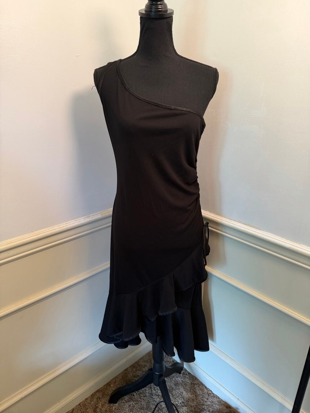 Vintage Y2K Taboo One-Shoulder Ruffle Midi Dress Whimsigoth Asymmetrical LBD